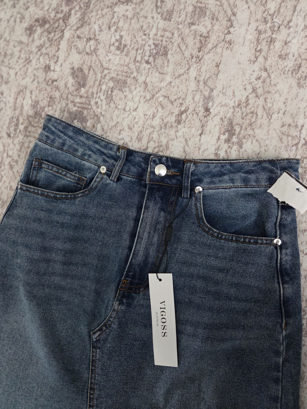 Vigoss Blue High-Waist Maxi Denim Skirt with Center Front Slit - Picture 6 of 6